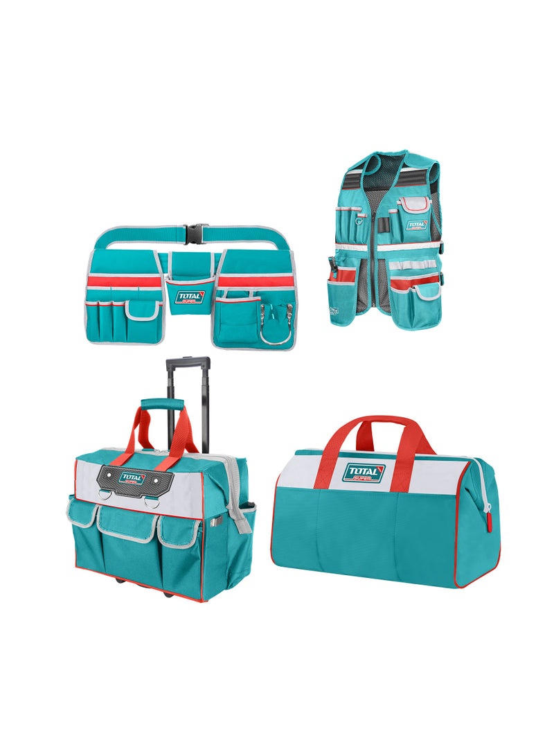 توتال طقم حقائب أدوات من توتال مكوّن من ٤ قطع، يشمل حقيبة أدوات بطول ١٦ بوصة، وحقيبة أدوات بعجلات بطول ٢٠ بوصة، وسترة أدوات، وحقيبة خصر للأدوات، مصنوع من قماش بوليستر أكسفورد عالي التحمل، باللونين الفيروزي والأحمر - Image 1